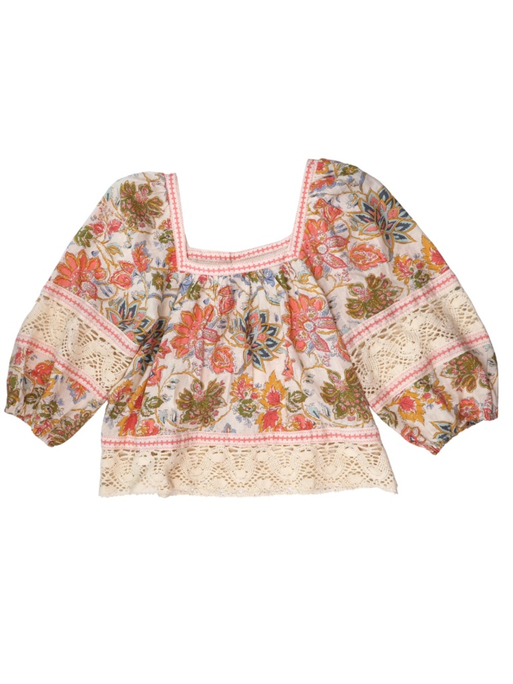 Christian Siriano Medium Floral Crochet Lace Blouse Puff Sleeve Boho Square Neck